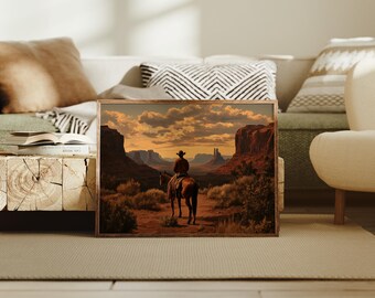 Cowboy on Horseback Overlooking Monument Valley Sunset
