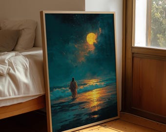 Jesús caminando junto al mar / Inspiradora pintura cristiana a la luz de la luna para decorar paredes de fe
