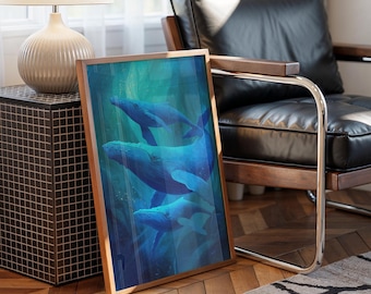 Blue Whale Ocean Wall Art Canvas | Underwater Marine Life Painting | Coastal Sea Life Decor | Modern Nautical Wall Art