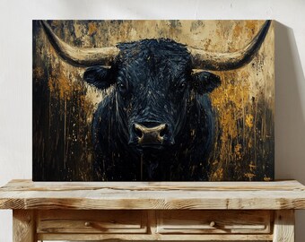 Majestic Black Bull Longhorn Canvas Wall Art – Bold Western Rustic Animal Painting, Farmhouse Ranch Wall Decor, Modern Cowboy Style