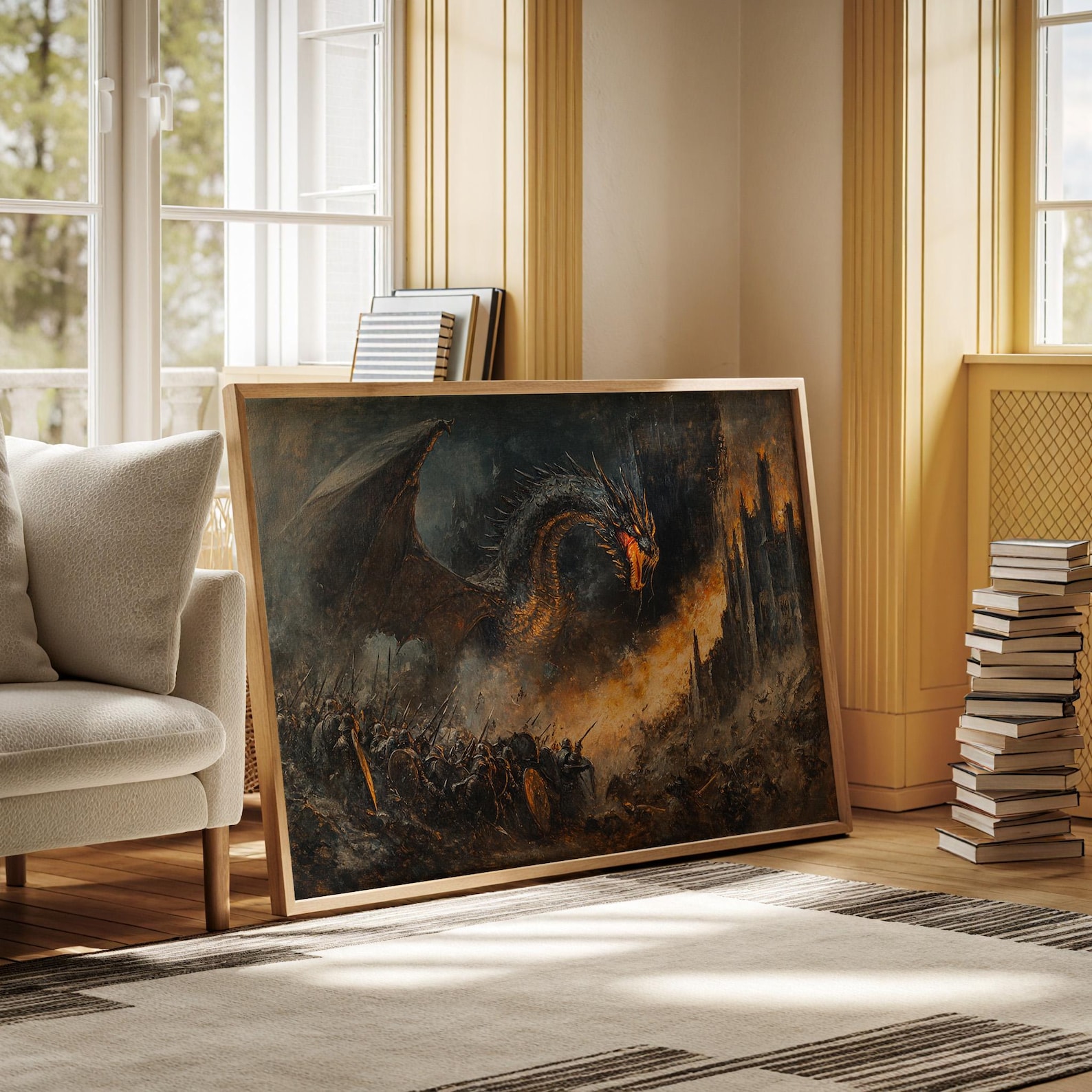 Epic Dragon Battle Canvas - Dark Fantasy Dragon Breathing Fire ...