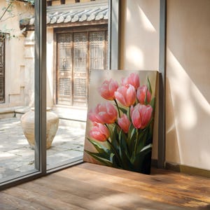 Pink Tulip Bouquet Canvas Wall Art – Elegant Floral Painting for Home, Living Room, or Office Decor, Perfect for Flower Lovers