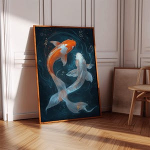 Yin Yang Koi Fish Canvas Art – Tranquil Blue Water Background with Orange and White Koi in Harmony, Symbolizing Balance and Peace