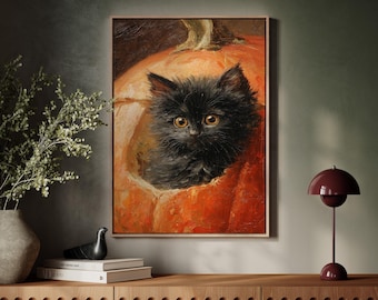 Black Kitten in Pumpkin | Cute Halloween Wall Art