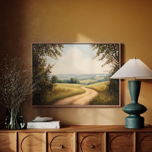 Vintage Countryside Landscape Oil Painting, Rustic Farmhouse Wall Art, Winding Path Scenic Print, Peaceful Pastoral Decor