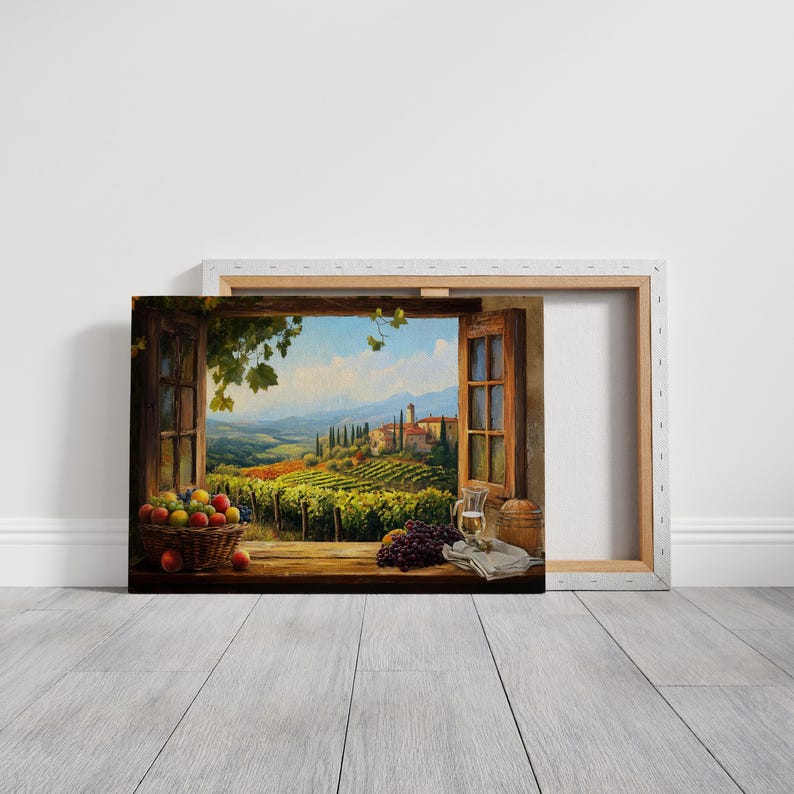 K&ouml;nnte beinhalten: Ein Gem&auml;lde, das ein Fenster mit Blick auf einen Weinberg und ein kleines Dorf in der Ferne zeigt. Das Fenster ist ge&ouml;ffnet und auf einem Tisch davor stehen Trauben, Obst und ein Glas Wein.