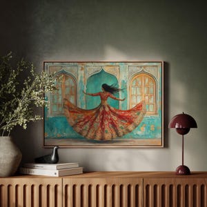 Indian Dancer Wall Art, Vibrant Lehenga Painting, Cultural Dance Canvas, Elegant Boho Decor, Turquoise and Red Artwork