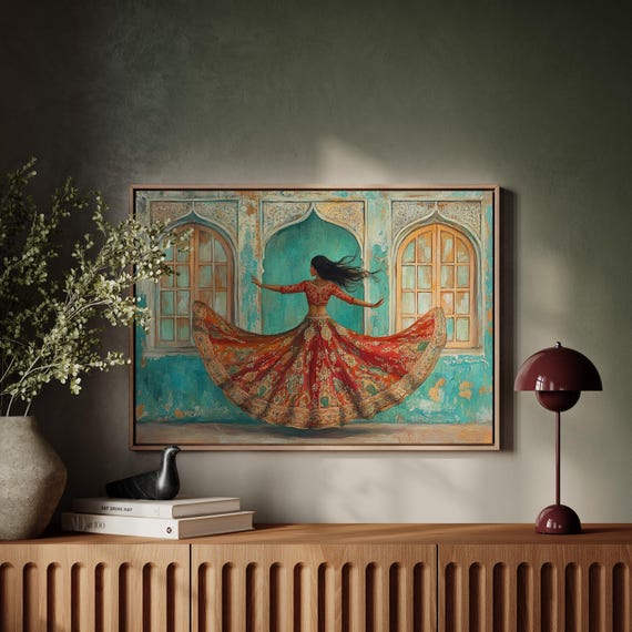 Indian Dancer Wall Art, Vibrant Lehenga Painting, Cultural Dance