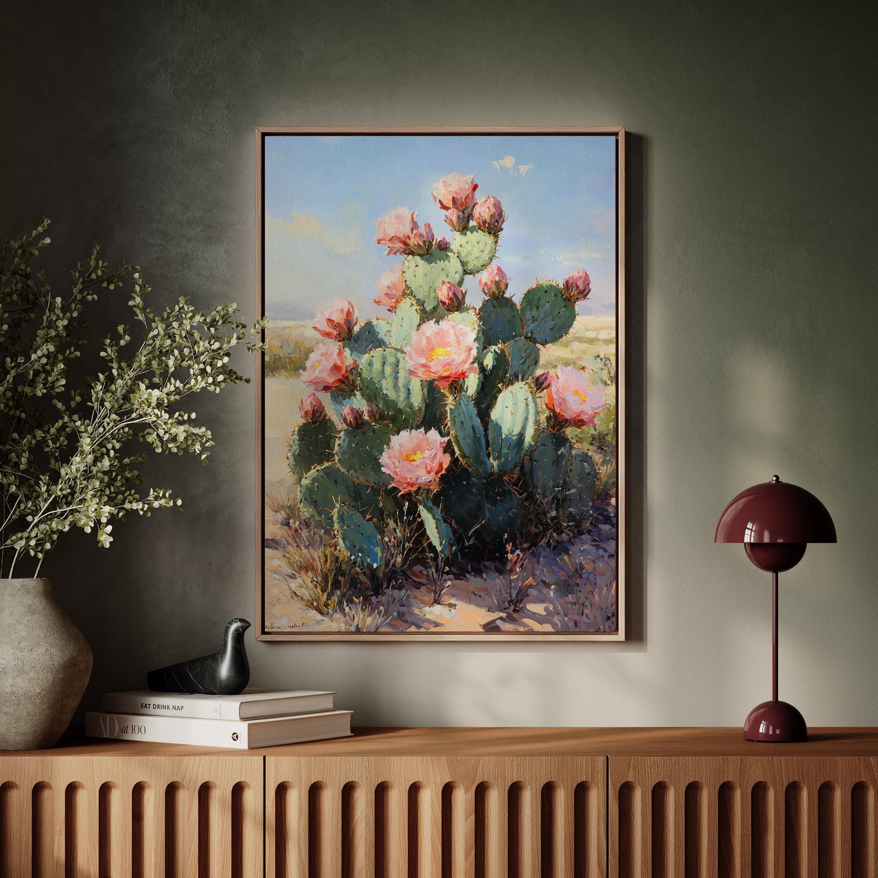 Desert Cactus Flower Canvas, Prickly Pear Wall Art, Southwest Boho Decor, Western Floral Painting, Vintage Cactus Print