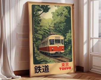 May include: A framed art print featuring a vintage train traveling through a lush green forest. The train is red and cream-colored, with the Japanese characters for "railway" and the word "Tokyo" in red. The artwork has a retro travel poster style.