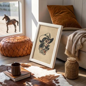 Sugar Skull Cowgirl Western Rose Art