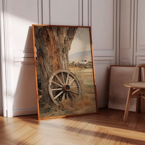 Art mural rustique sur toile, roue de chariot, décoration de ferme de l'Ouest, impression de grange vintage avec vieil arbre et roue en bois patiné