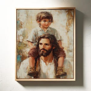 Jesus with Child on Shoulders Painting - Heartwarming Christian Wall Art Canvas - Inspirational Religious Home Decor for Faithful Living