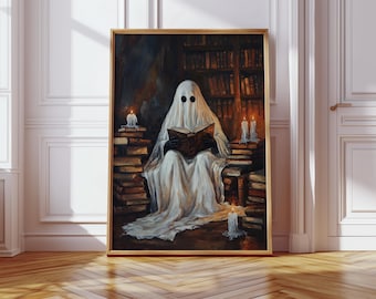 Ghost Reading in Candlelit Library – Vintage Halloween Canvas Art for Dark Academia, Spooky Book Nook, Goth or Witchy Home Wall Decor