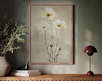 Beige botanische Leinwand Wandkunst, cremefarbene Blumen Druck auf Leinen Textur, minimalistische Wildblumen Wanddekoration, neutrale Bauernhaus Blumen Poster