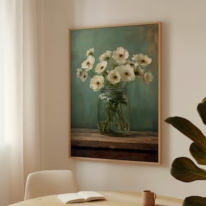 Vintage Blumen Kunstdruck, weiße Anemonen Blumen im Einmachglas, rustikale Stillleben Leinwand, Bauernhaus Wanddekoration, antikes Poster