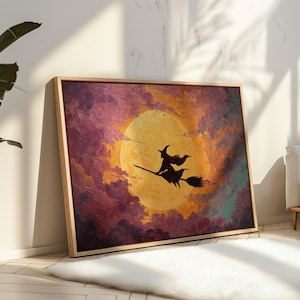 Witch Flying Across Full Moon | Vibrant Halloween Sky Art