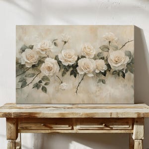 Elegante lienzo de arte de pared con flores de rosas blancas: decoración romántica para colgar en la pared para el hogar y los espacios habitables