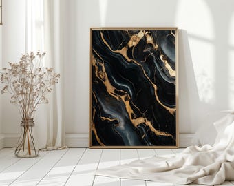 Luxury Black and Gold Marble Canvas Wall Art – Modern Abstract Fluid Texture Print for Glam Bedroom, Office, or Upscale Living Room
