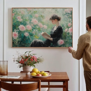 Woman Reading in Rose Garden Canvas Art - Romantic Vintage Wall Decor for Elegant Living Rooms, Bedrooms, or Studies