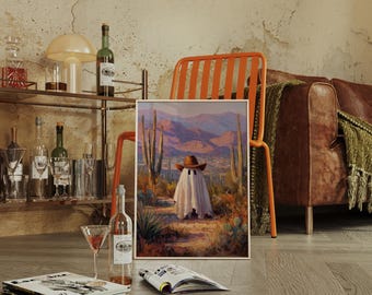 May include: A framed art print depicts a ghost wearing a cowboy hat, standing on a desert path with cacti and mountains in the background. The artwork is displayed near an orange chair, a brown leather sofa, and a bar cart with bottles and glasses.