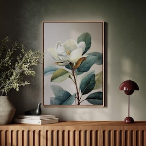 Magnolia Flower Watercolor Wall Art, Elegant White Bloom Botanical Print for Southern Home Decor, Vintage Nature-Inspired Wall Poster