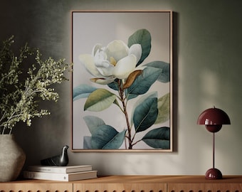 Magnolia Flower Watercolor Wall Art, Elegant White Bloom Botanical Print for Southern Home Decor, Vintage Nature-Inspired Wall Poster