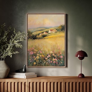 Cottage Landscape Canvas Wall Art – Wildflower Meadow Oil Painting, Summer Countryside Print for Rustic Farmhouse or Cottage Decor