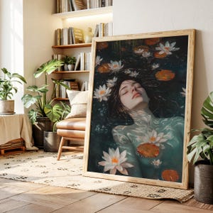 Ethereal Woman Floating in Water with Lotus Flowers – Dreamy Surreal Canvas Wall Art in Aquatic Tones – Tranquil Feminine Decor