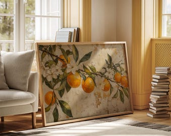 Apelsinträdsväggkonst, vintage citrusmålning, lantlig köksinredning, rustik frukttryck, medelhavsbotanisk poster