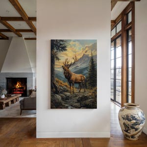 Majestic Elk Canvas Wall Art | Wilderness Wildlife Scene with Rocky Mountain Sunset in Vintage Oil Painting Style