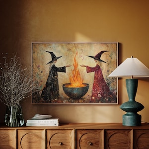 Enchanting Witch Sisters Casting Fire Spell, Mystical Halloween Art Print for Fantasy Wall Decor and Witchcraft Lovers