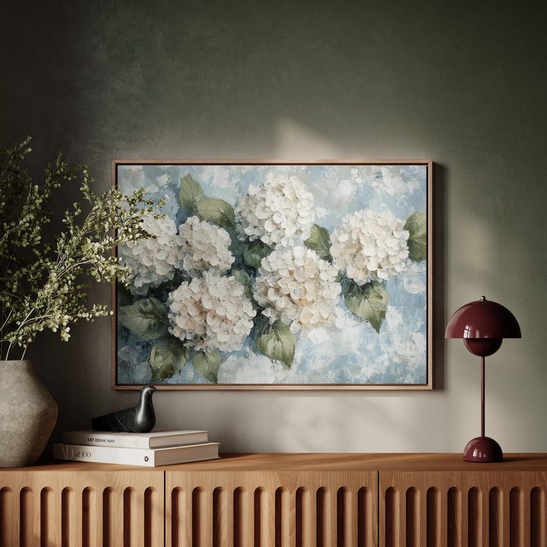 White Hydrangeas Canvas Wall Art - Textured Floral Painting, Blue ...