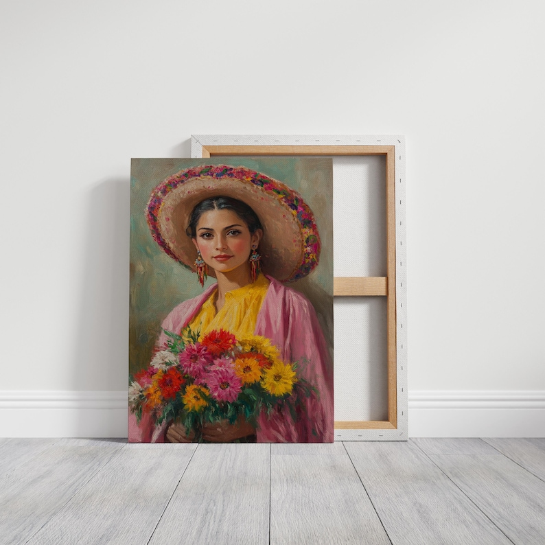 Mexicaans vrouwenportret - kleurrijke sombrero, levendig bloemenboeket, traditionele Mexicaanse kunstschilderij voor culturele muurdecoratie afbeelding 6
