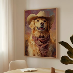 Golden Retriever Cowboy Canvas, Western Dog Wall Art, Rustic Farmhouse Pet Portrait, Funny Country Dog Painting, Rodeo Decor Print