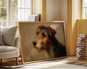 Vintage Ölgemälde von Wire Foxterrier – Realistisches Hunde Porträt mit weichem neutralem Hintergrund, Klassisches Haustier Kunstwerk für Zuhause oder Büro