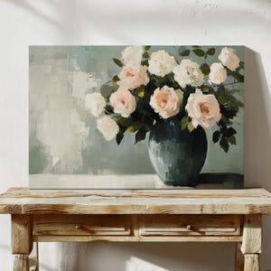 Vintage Rose Bouquet Canvas Art | Romantic Floral Painting in Teal Vase | Elegant White and Blush Rose Wall Decor