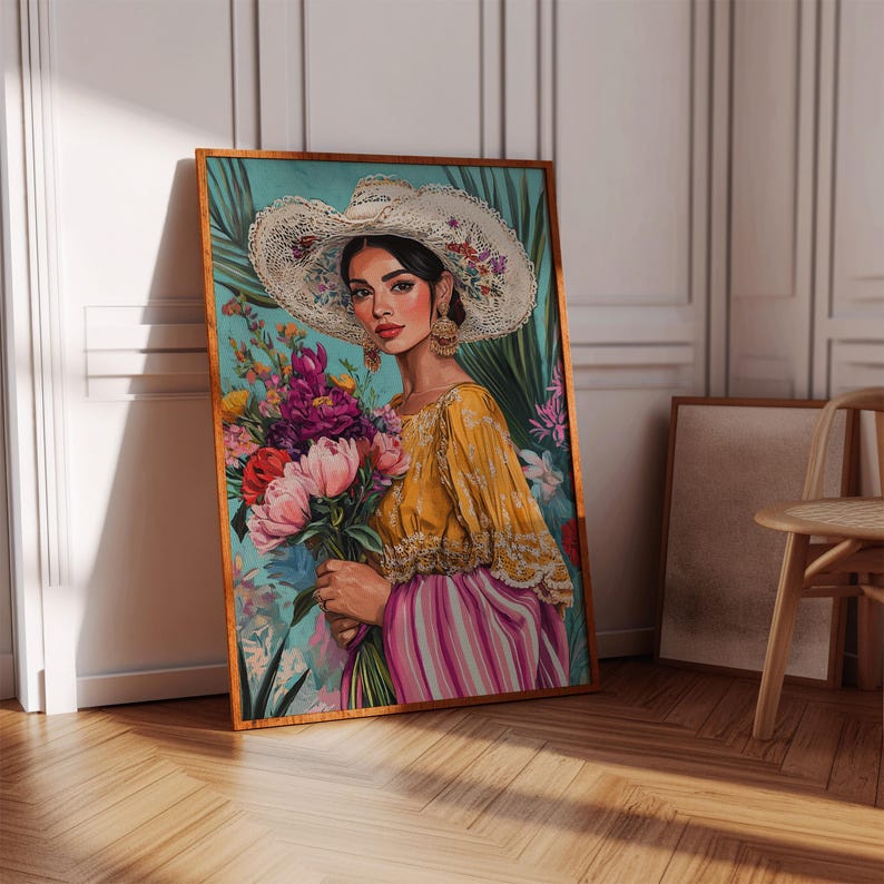 May include: A framed art print depicting a woman in a yellow blouse and striped skirt, holding a bouquet of flowers. She wears a large white hat with floral accents and gold earrings. The background is a mix of turquoise and green.