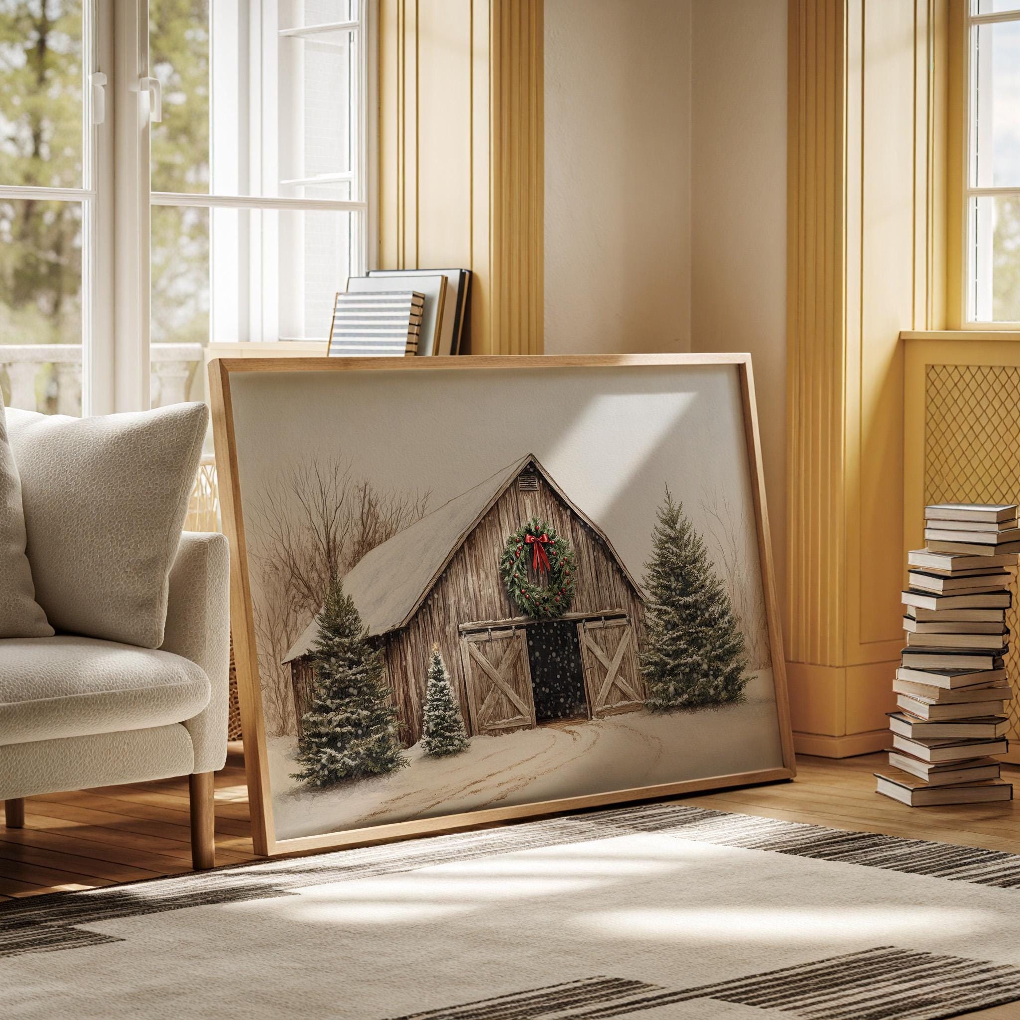 Winter Christmas Time Farmhouse Ready to Hang Canvas Wall Art Print