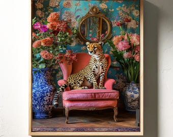 Elegant Cheetah in Vintage Floral Room - Luxurious Wildlife and Interior Art for Unique Home Décor