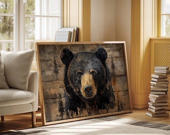 Rustic Black Bear Wall Art On Wood | Wildlife Cabin Decor | Woodland Lodge Animal Canvas Print | Rustic Nature Artwork For Home