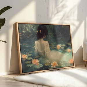 Elegant Water Lily Pond Canvas - Woman in Lace Dress Art - Romantic Nature Wall Decor for Tranquil Spaces