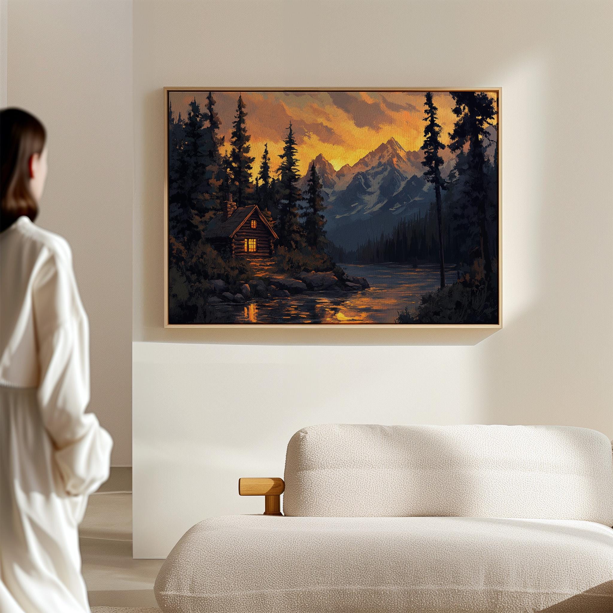 Cozy Cabin Sunset Canvas, Mountain Lake Wall Art, Rustic Lodge