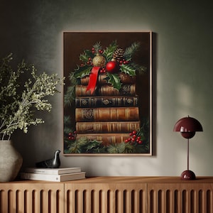 Vintage Christmas Books Art - Festive Decor with Ornaments, Holly & Pinecones, Antique Holiday Canvas Wall Art for Classic Charm