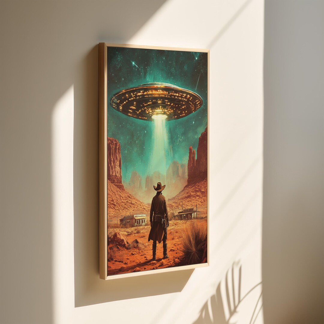 Cowboy and UFO Canvas Art, Western Sci-fi Wall Decor, Alien Abduction ...