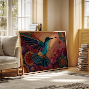 Farbenfrohe Kolibri-Kunst - Indigener Vogel mit lebhaften Federn und Sonnenmotiv, Boho-Tribal-Wanddekoration, Kunstwerk der Ureinwohner Natur