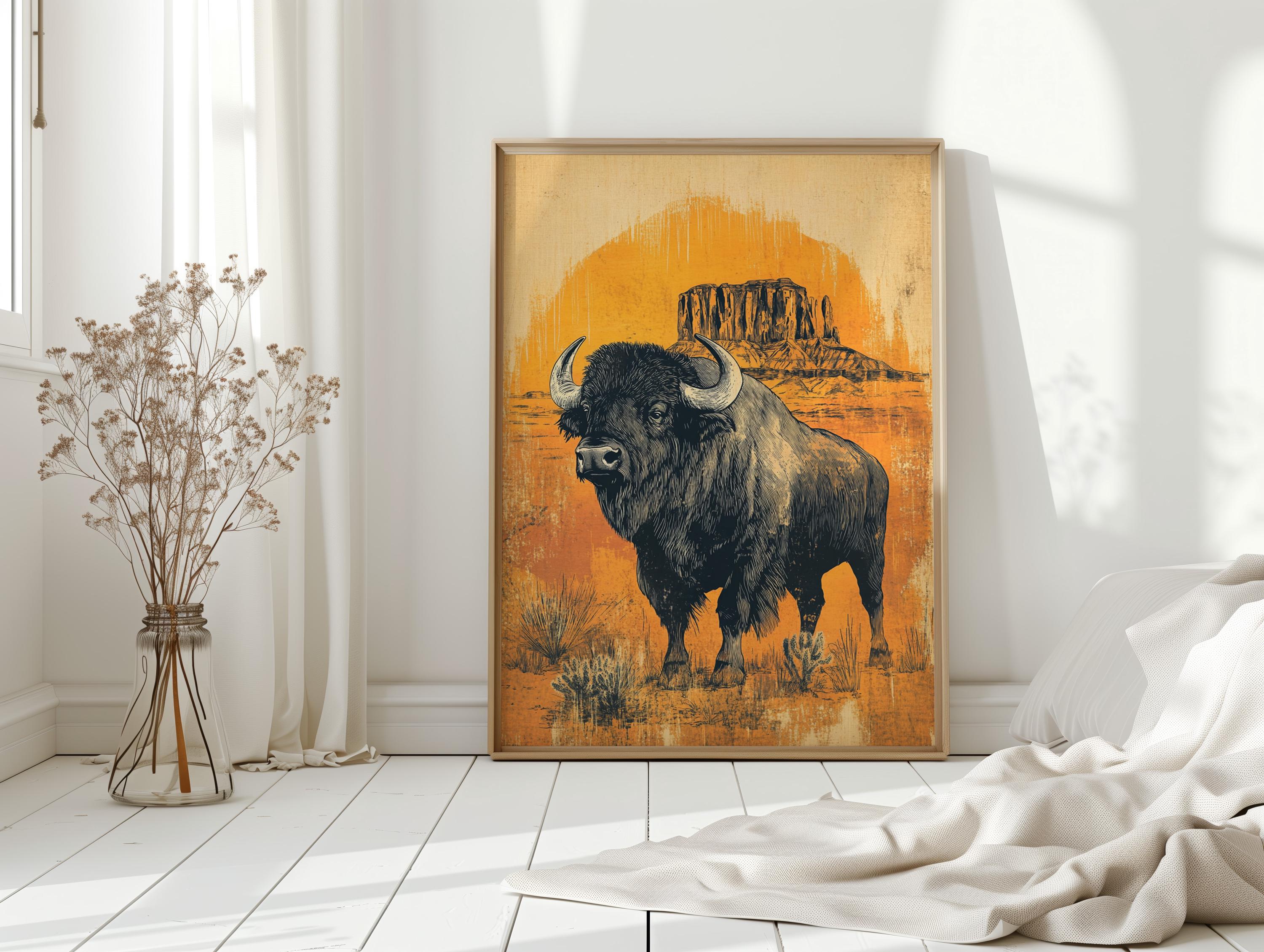 Bison Wall Art Print With Desert Landscape, Vintage Buffalo Canvas ...