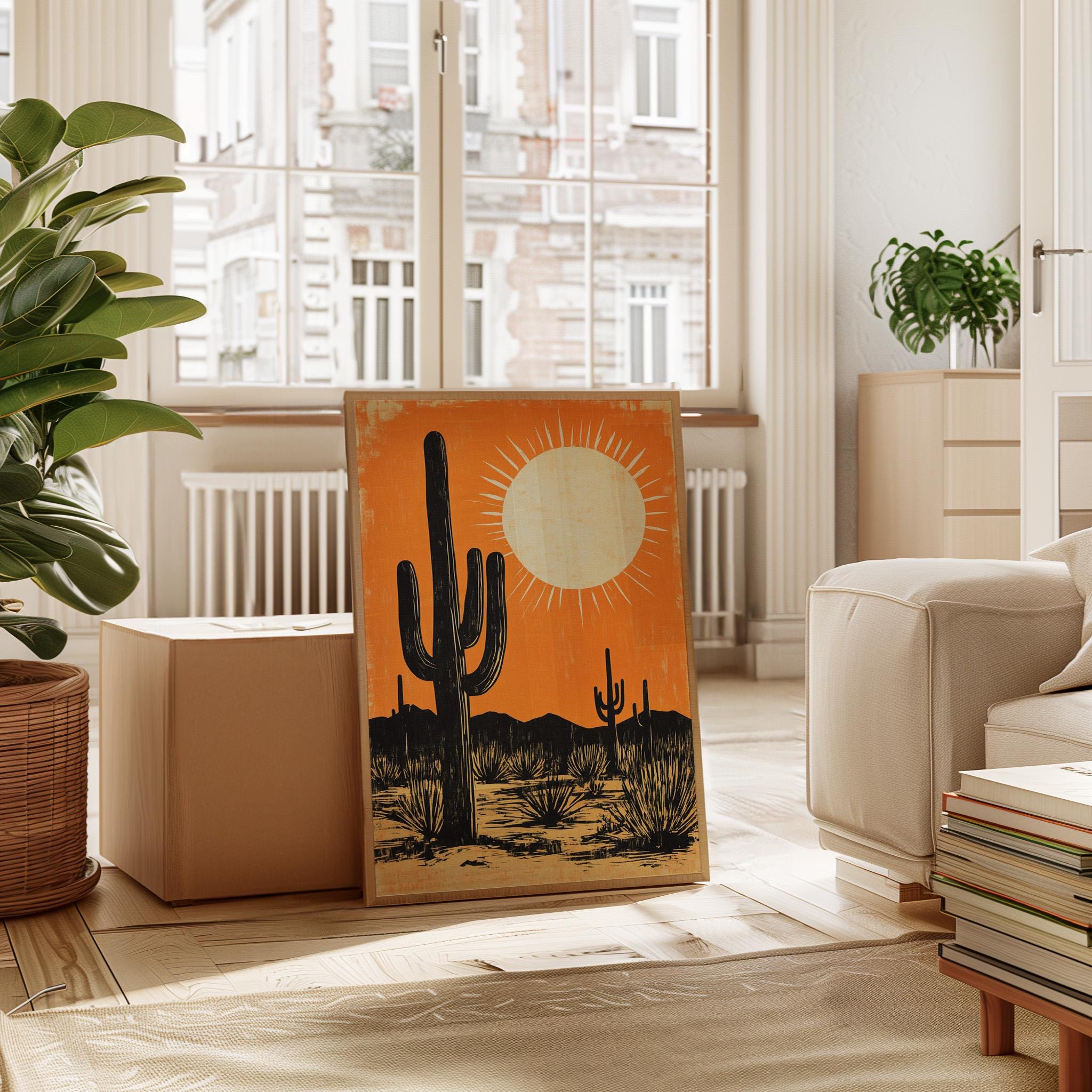 Desert Cactus Wall Art Print, Retro Southwestern Landscape Poster ...