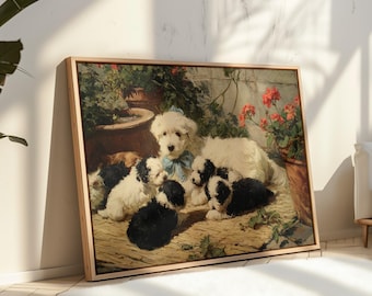Adorable Mother Dog with Litter of Black and White Puppies in a Garden Scene Canvas Wall Art – Vintage Pet Painting for Dog Lovers