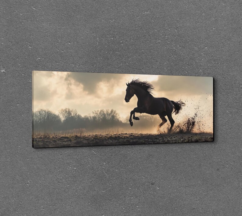 Black Stallion Ready to Hang Panoramic Canvas Wall Art Print, Horse Art, Horse Decor, Black and